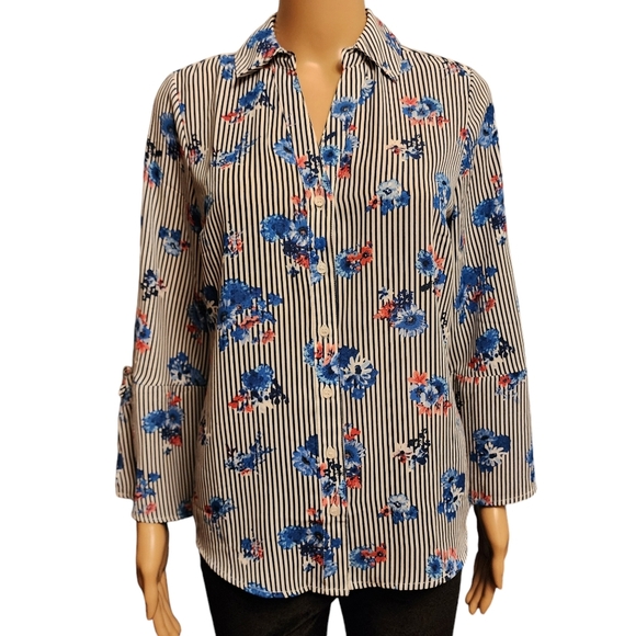 Roz & Ali Tops - Floral Striped Blouse with Open Bell Sleeves
